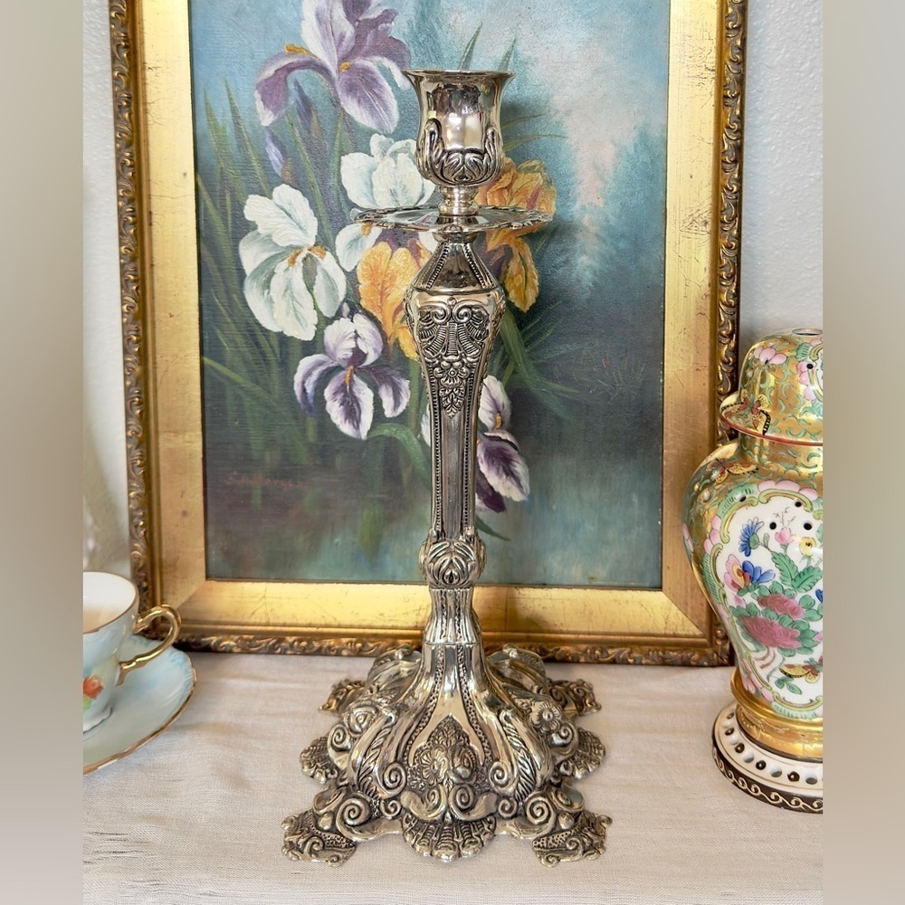 Vintage Silver-Plated Rococo Candlestick (11.5”) - Picture 5 of 9